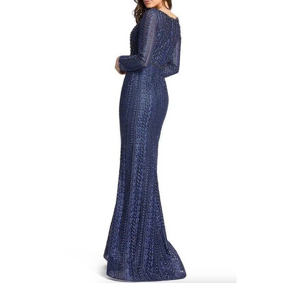 MAC‎ DUGGAL 20271 EMBROIDERED LONG SLEEVE V-NECK TRUMPET MIDNIGHT GOWN Size 16 - Picture 4 of 9